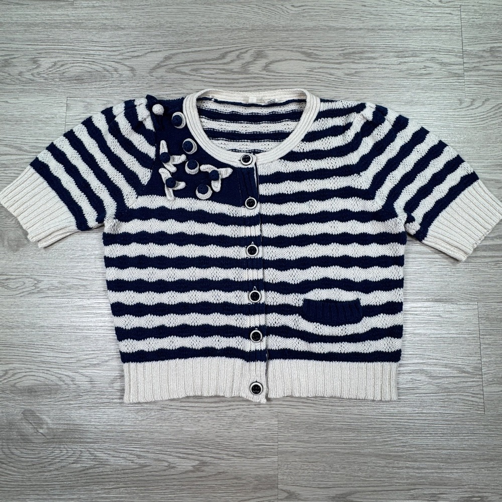 Moth Anthropologie Women Cardigan Sweater Blue White Striped Medium Linen Blend